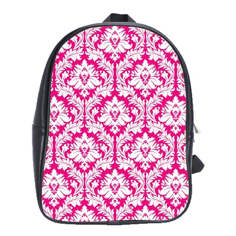 Hot Pink Damask Pattern School Bag (XL) from ArtsNow.com Front