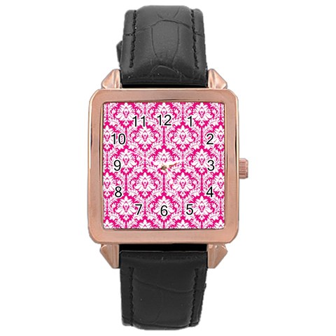 White On Hot Pink Damask Rose Gold Leather Watch  from ArtsNow.com Front