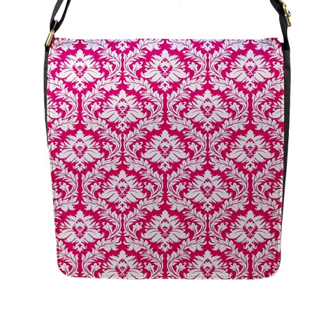 Hot Pink Damask Pattern Flap Closure Messenger Bag (L) from ArtsNow.com Front