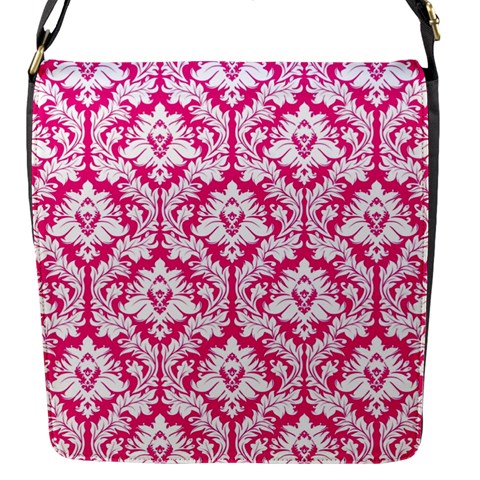 Hot Pink Damask Pattern Flap Closure Messenger Bag (S) from ArtsNow.com Front