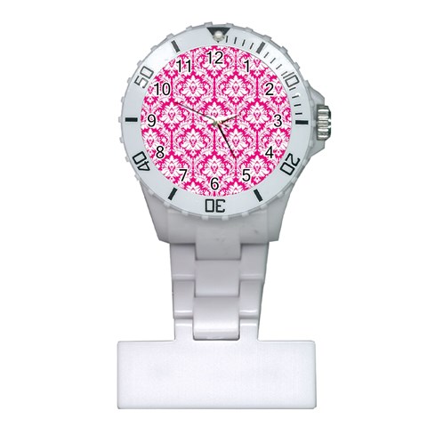 White On Hot Pink Damask Nurses Watch from ArtsNow.com Front