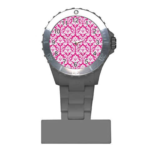 White On Hot Pink Damask Nurses Watch from ArtsNow.com Front