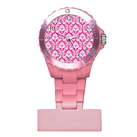 White On Hot Pink Damask Nurses Watch from ArtsNow.com Front