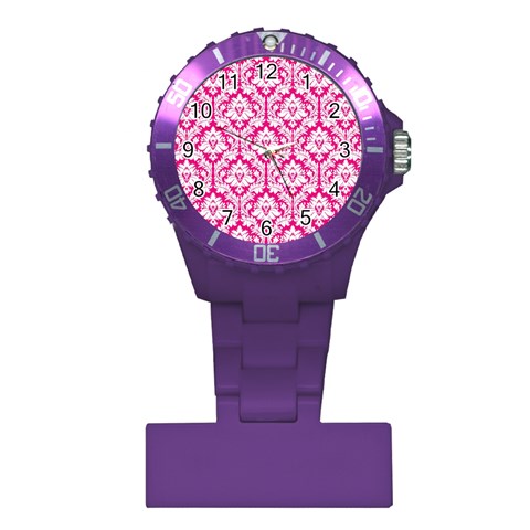 White On Hot Pink Damask Nurses Watch from ArtsNow.com Front