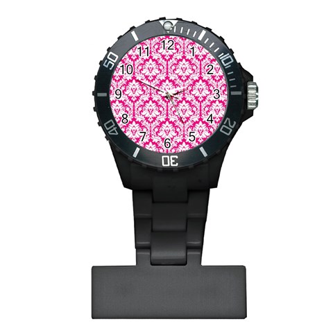 White On Hot Pink Damask Nurses Watch from ArtsNow.com Front