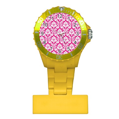 White On Hot Pink Damask Nurses Watch from ArtsNow.com Front