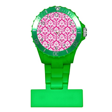 White On Hot Pink Damask Nurses Watch from ArtsNow.com Front