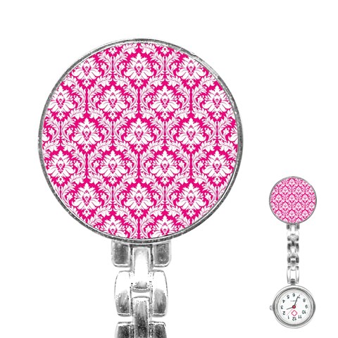 White On Hot Pink Damask Stainless Steel Nurses Watch from ArtsNow.com Front