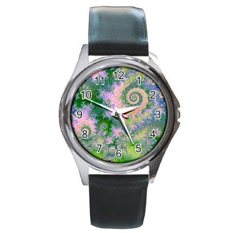 Rose Apple Green Dreams, Abstract Water Garden Round Leather Watch (Silver Rim) from ArtsNow.com Front