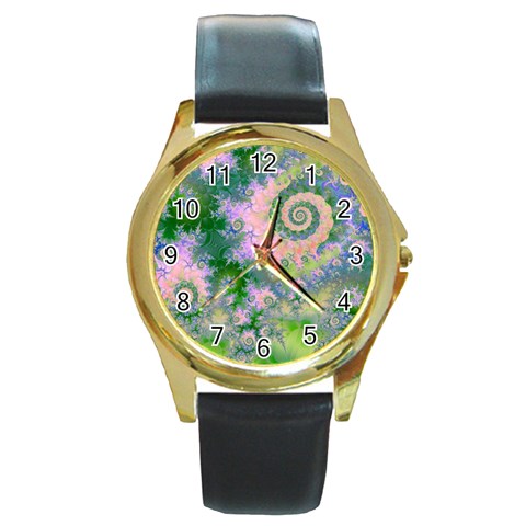 Rose Apple Green Dreams, Abstract Water Garden Round Leather Watch (Gold Rim)  from ArtsNow.com Front