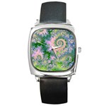 Rose Apple Green Dreams, Abstract Water Garden Square Leather Watch