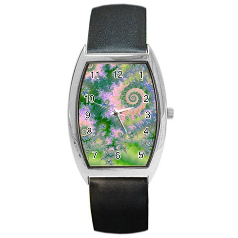 Rose Apple Green Dreams, Abstract Water Garden Tonneau Leather Watch from ArtsNow.com Front