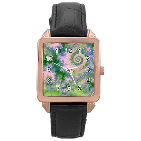 Rose Apple Green Dreams, Abstract Water Garden Rose Gold Leather Watch  from ArtsNow.com Front