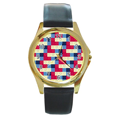 Hearts Round Leather Watch (Gold Rim)  from ArtsNow.com Front