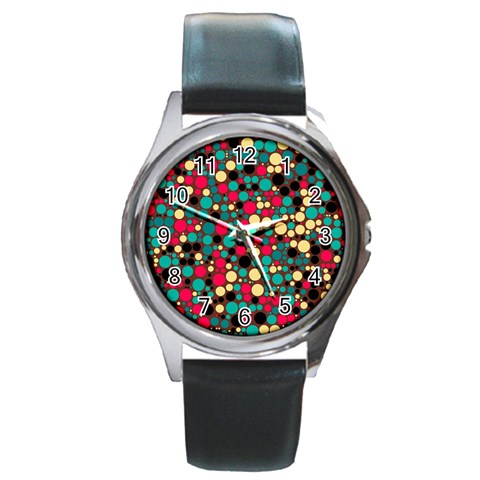 Retro Round Leather Watch (Silver Rim) from ArtsNow.com Front