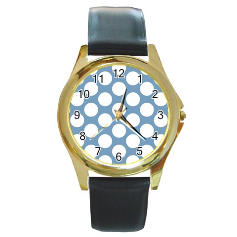 Blue Polkadot Round Leather Watch (Gold Rim)  from ArtsNow.com Front