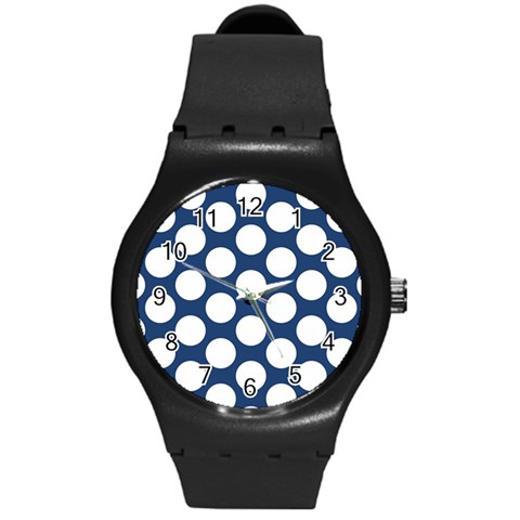 Dark Blue Polkadot Plastic Sport Watch (Medium) from ArtsNow.com Front