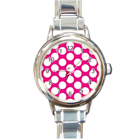 Pink Polkadot Round Italian Charm Watch from ArtsNow.com Front