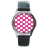 Pink Polkadot Round Leather Watch (Silver Rim)