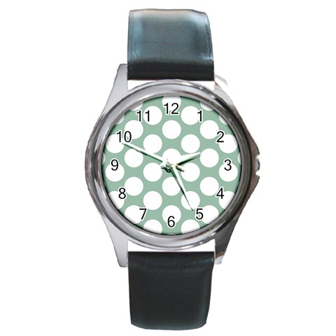 Jade Green Polkadot Round Leather Watch (Silver Rim) from ArtsNow.com Front