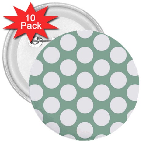 Jade Green Polkadot 3  Button (10 pack) from ArtsNow.com Front