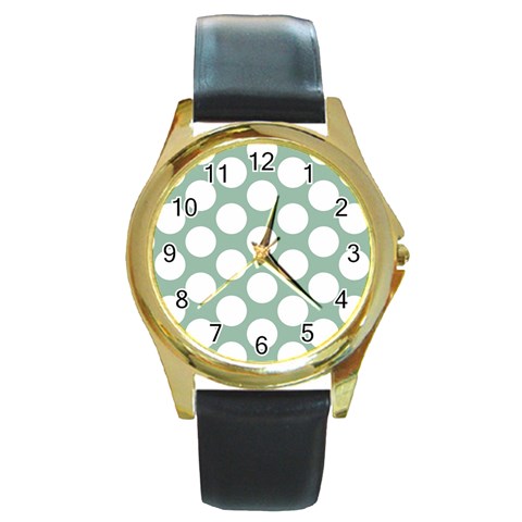 Jade Green Polkadot Round Leather Watch (Gold Rim)  from ArtsNow.com Front