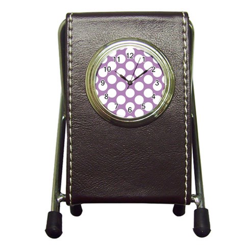 Lilac Polkadot Stationery Holder Clock from ArtsNow.com Front