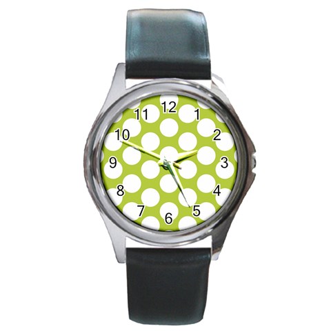 Spring Green Polkadot Round Leather Watch (Silver Rim) from ArtsNow.com Front