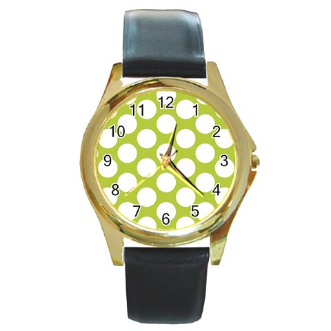 Spring Green Polkadot Round Leather Watch (Gold Rim)  from ArtsNow.com Front