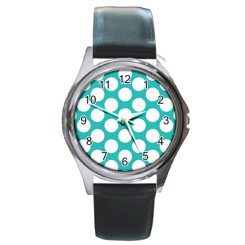 Turquoise Polkadot Pattern Round Leather Watch (Silver Rim) from ArtsNow.com Front