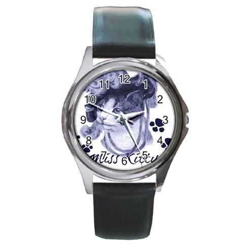 Miss Kitty blues Round Leather Watch (Silver Rim) from ArtsNow.com Front