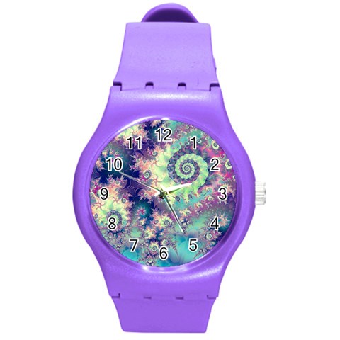 Violet Teal Sea Shells, Abstract Underwater Forest Round Plastic Sport Watch Medium from ArtsNow.com Front