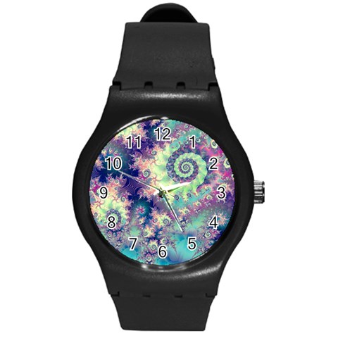 Violet Teal Sea Shells, Abstract Underwater Forest Round Plastic Sport Watch Medium from ArtsNow.com Front