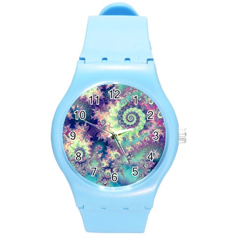 Violet Teal Sea Shells, Abstract Underwater Forest Round Plastic Sport Watch Medium from ArtsNow.com Front