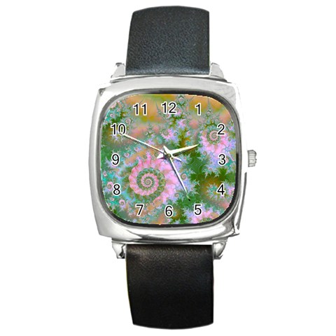 Rose Forest Green, Abstract Swirl Dance Square Leather Watch from ArtsNow.com Front