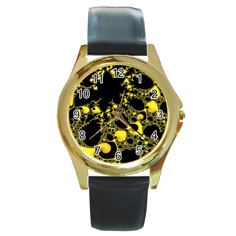 Special Fractal 04 Yellow Round Leather Watch (Gold Rim)  from ArtsNow.com Front