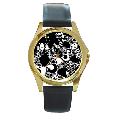 Special Fractal 04 B&w Round Leather Watch (Gold Rim)  from ArtsNow.com Front