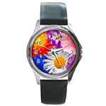 Lovely Flowers, Blue Round Leather Watch (Silver Rim)