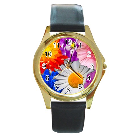 Lovely Flowers, Blue Round Leather Watch (Gold Rim)  from ArtsNow.com Front