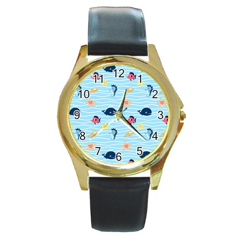 Fun Fish of the Ocean Round Leather Watch (Gold Rim)  from ArtsNow.com Front