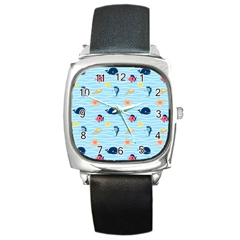 Fun Fish of the Ocean Square Leather Watch from ArtsNow.com Front