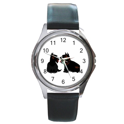 Scottish Terriers Round Metal Watch from ArtsNow.com Front