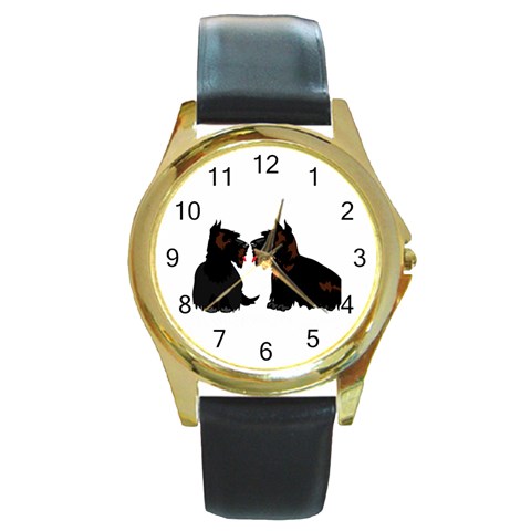 Scottish Terriers Round Gold Metal Watch from ArtsNow.com Front