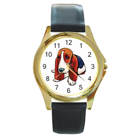 Basset Hound Round Gold Metal Watch from ArtsNow.com Front