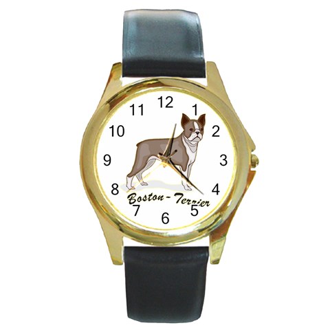 Boston Terrier Round Gold Metal Watch from ArtsNow.com Front