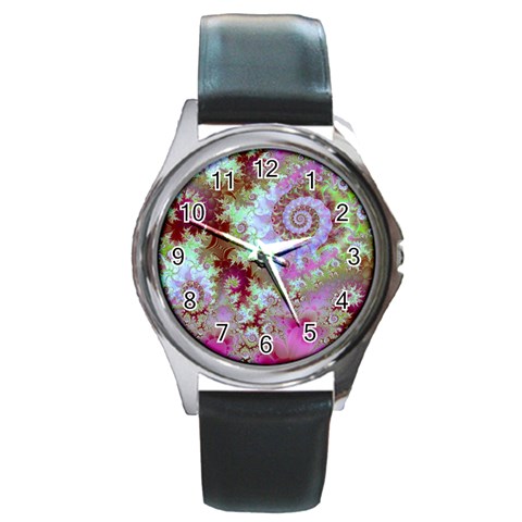 Raspberry Lime Delight, Abstract Ferris Wheel Round Metal Watch from ArtsNow.com Front