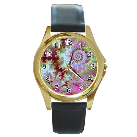 Raspberry Lime Delight, Abstract Ferris Wheel Round Gold Metal Watch from ArtsNow.com Front