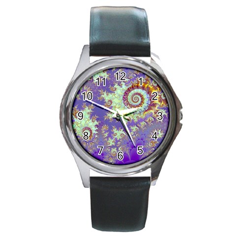 Sea Shell Spiral, Abstract Violet Cyan Stars Round Leather Watch (Silver Rim) from ArtsNow.com Front