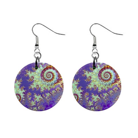 Sea Shell Spiral, Abstract Violet Cyan Stars Mini Button Earrings from ArtsNow.com Front