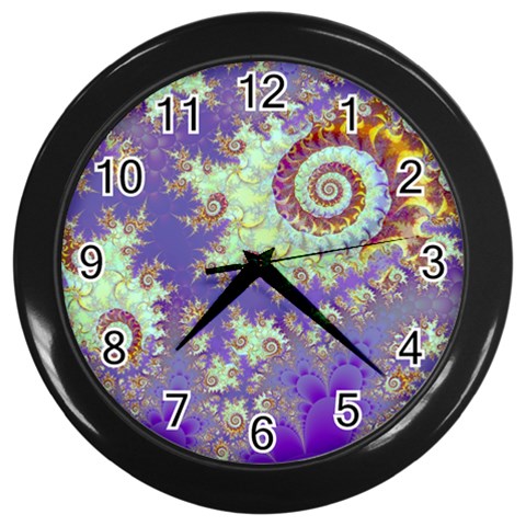 Sea Shell Spiral, Abstract Violet Cyan Stars Wall Clock (Black) from ArtsNow.com Front